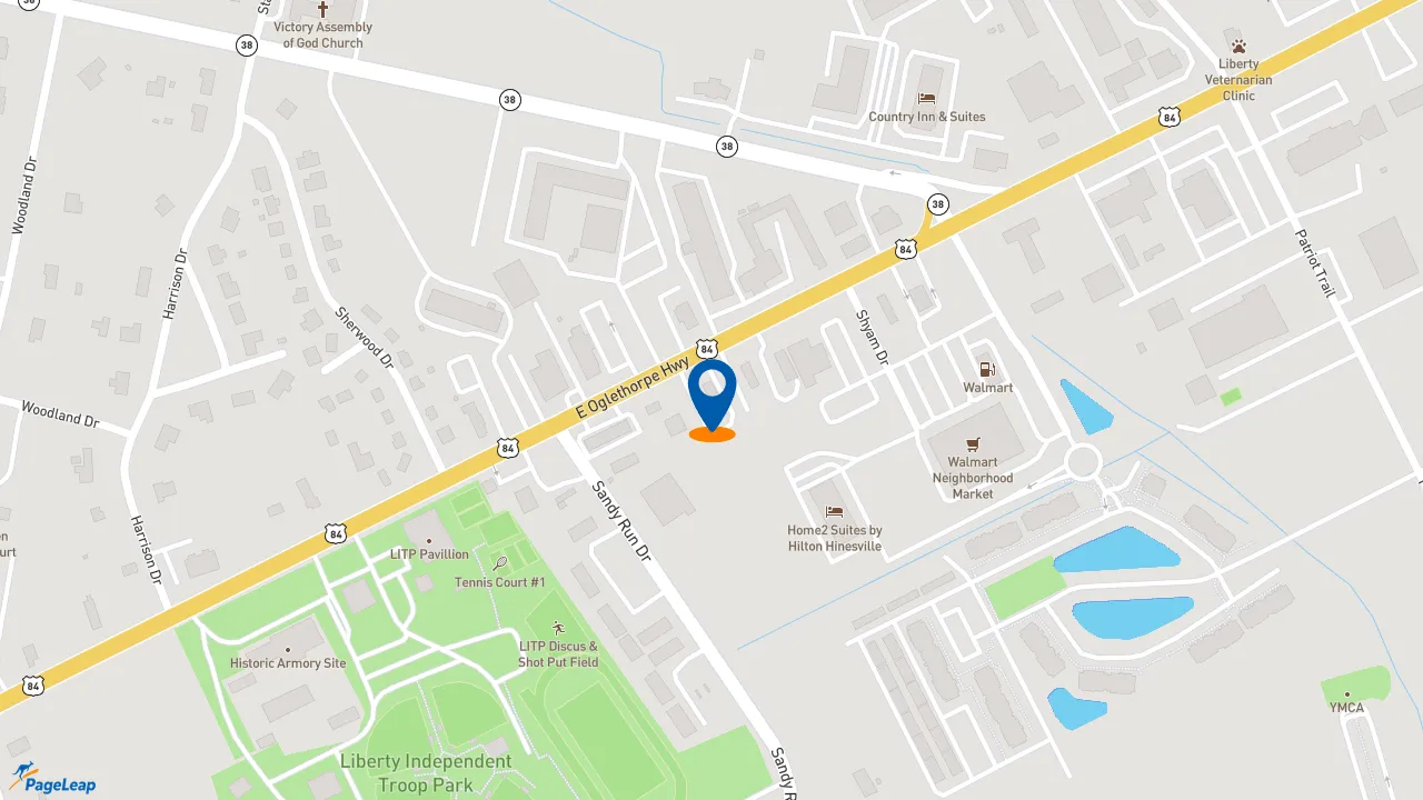 https://pageleap.com map showing location of KFC in Hinesville.