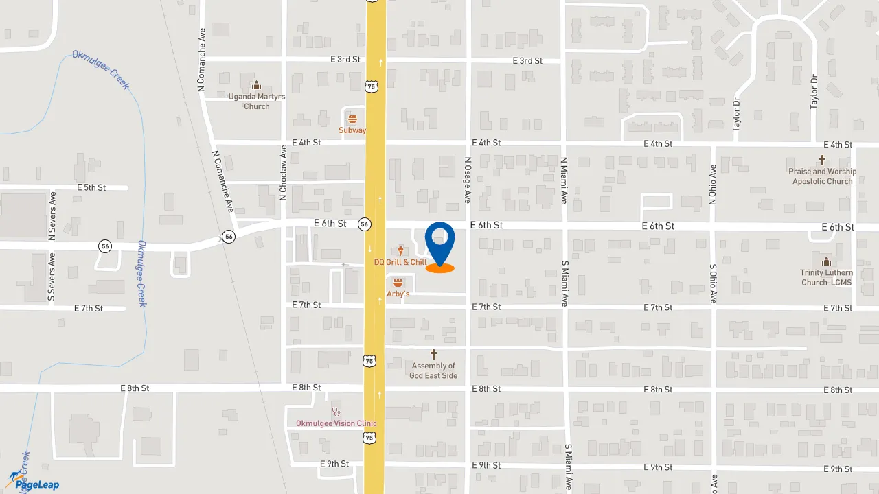 https://pageleap.com map showing location of KFC in Okmulgee.