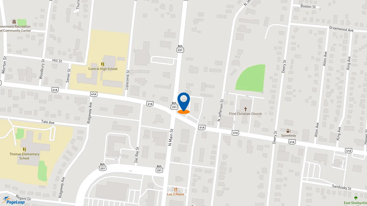 https://pageleap.com map showing location of KFC in Shelbyville.