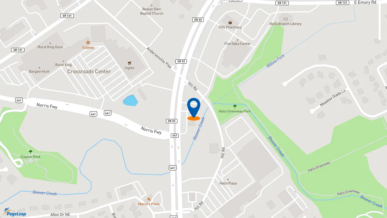 https://pageleap.com map showing location of KFC in Knoxville.