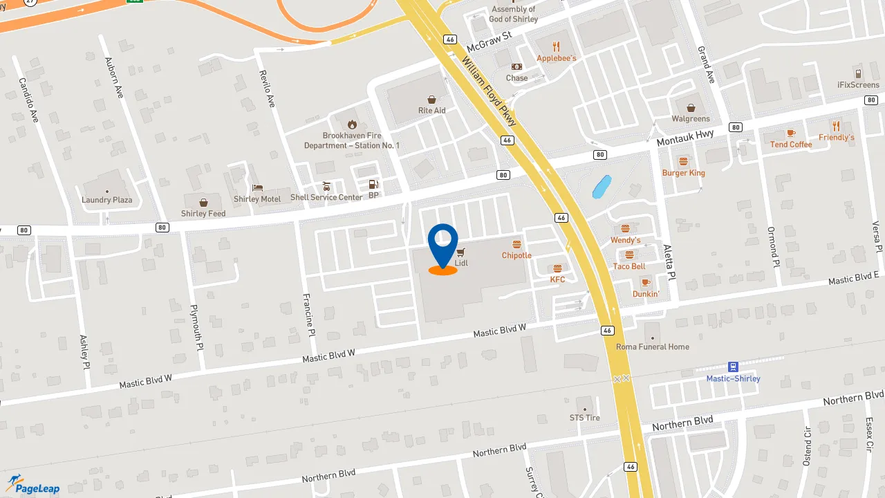 https://pageleap.com map showing location of KFC in Shirley.