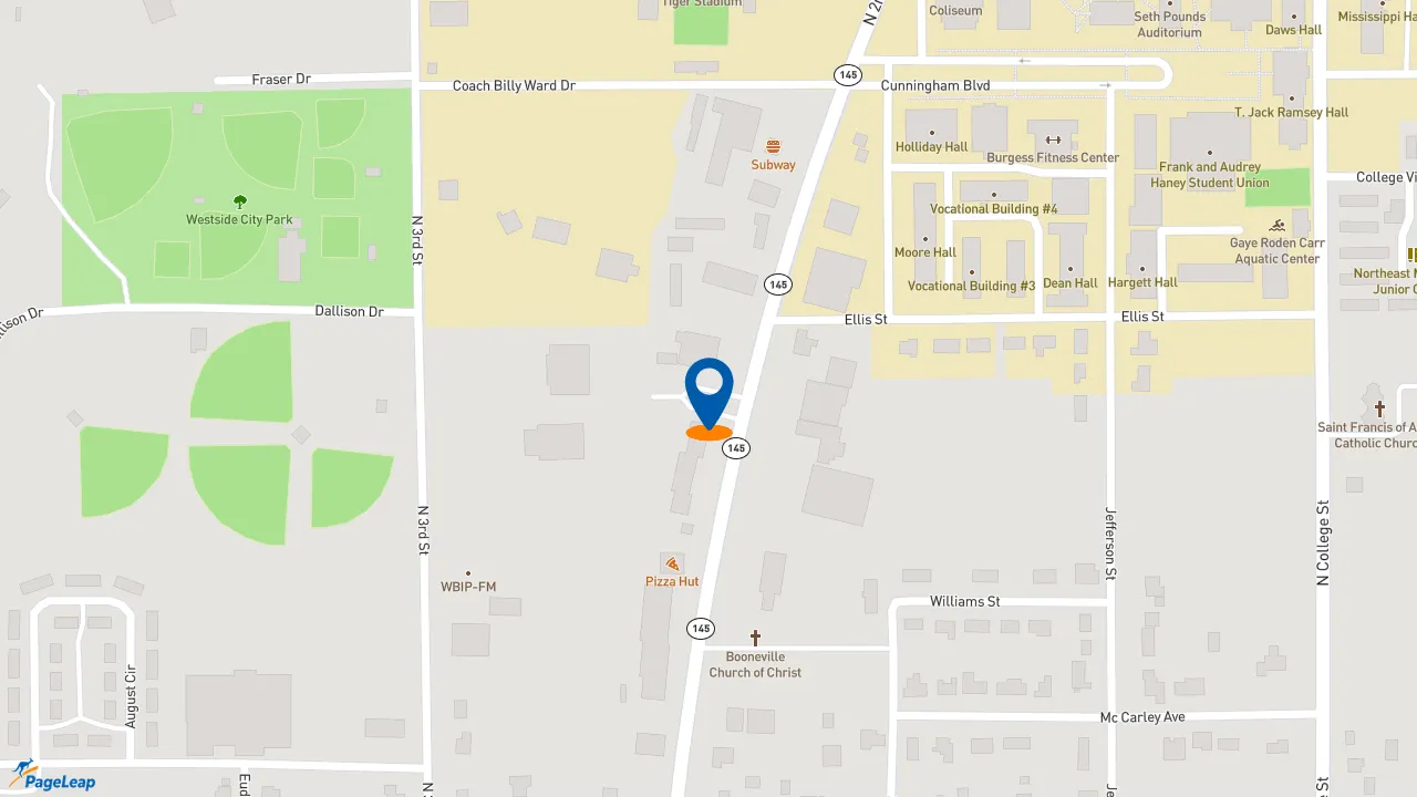 https://pageleap.com map showing location of KFC in Booneville.