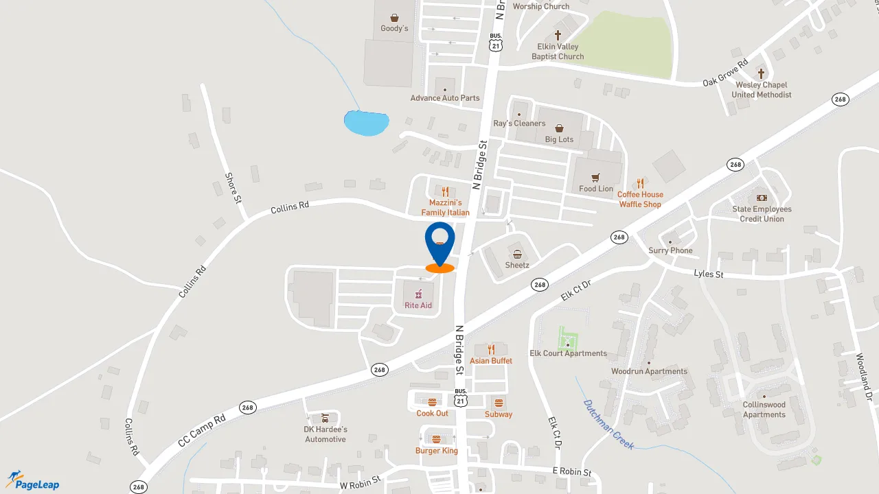 https://pageleap.com map showing location of KFC in Elkin.