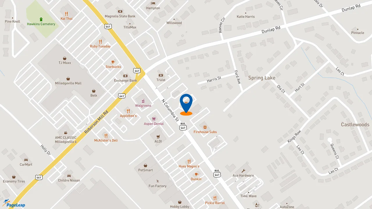 https://pageleap.com map showing location of KFC in Milledgeville.