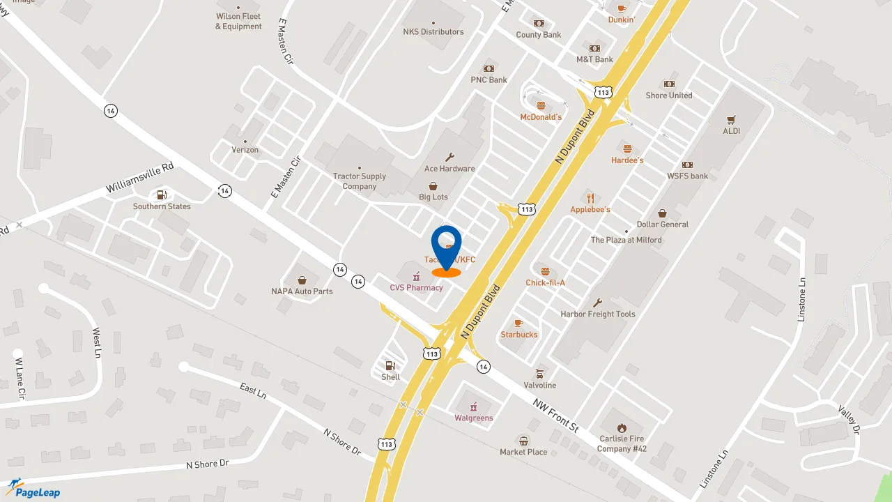 https://pageleap.com map showing location of KFC in Milford.