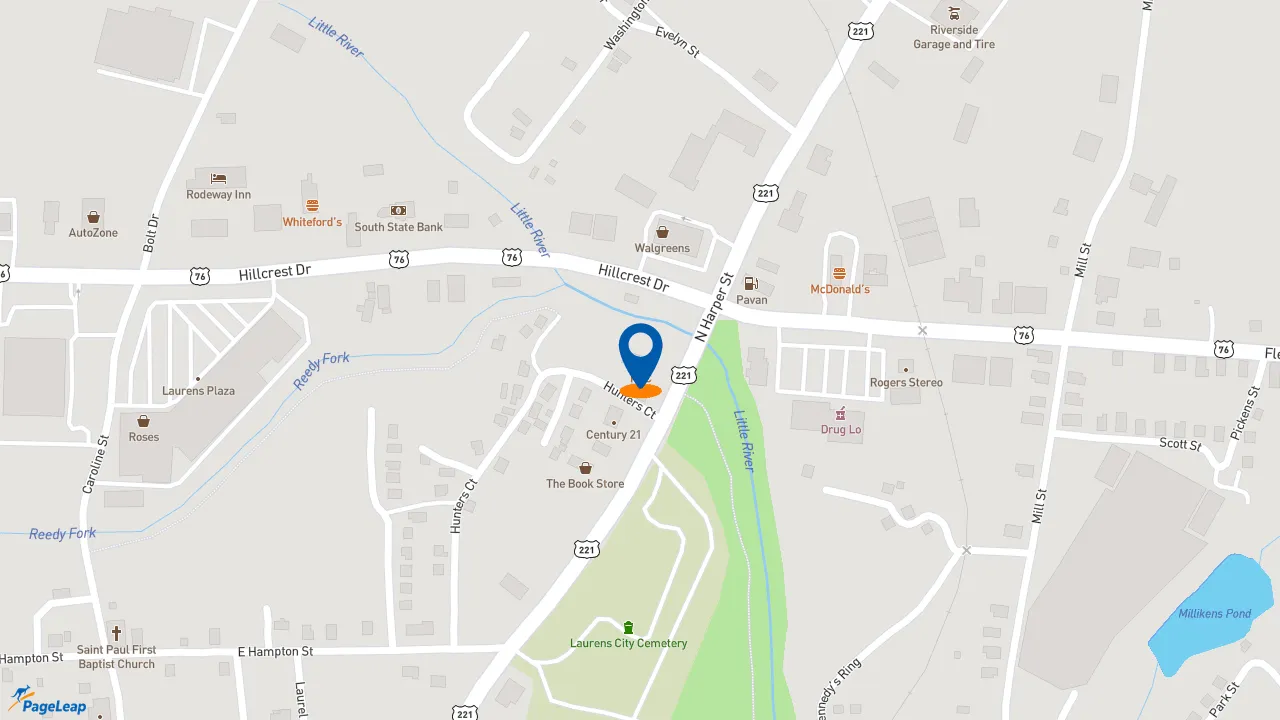 https://pageleap.com map showing location of KFC in Laurens.