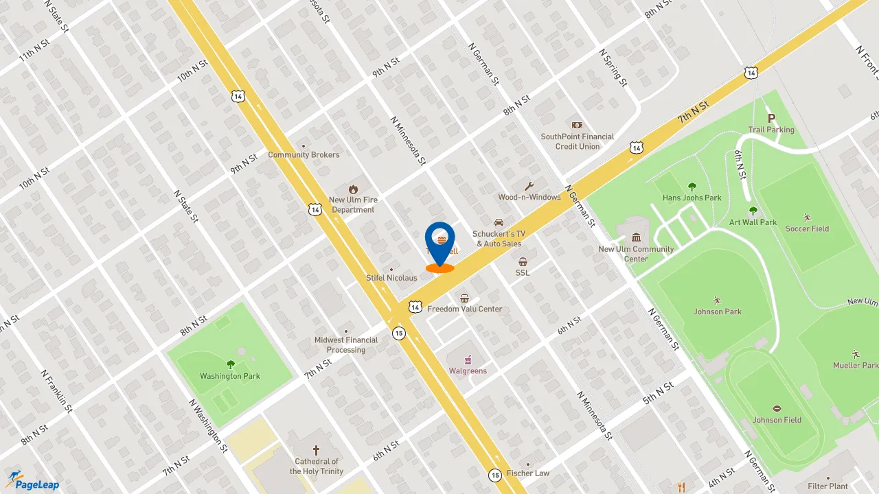 https://pageleap.com map showing location of KFC in New Ulm.