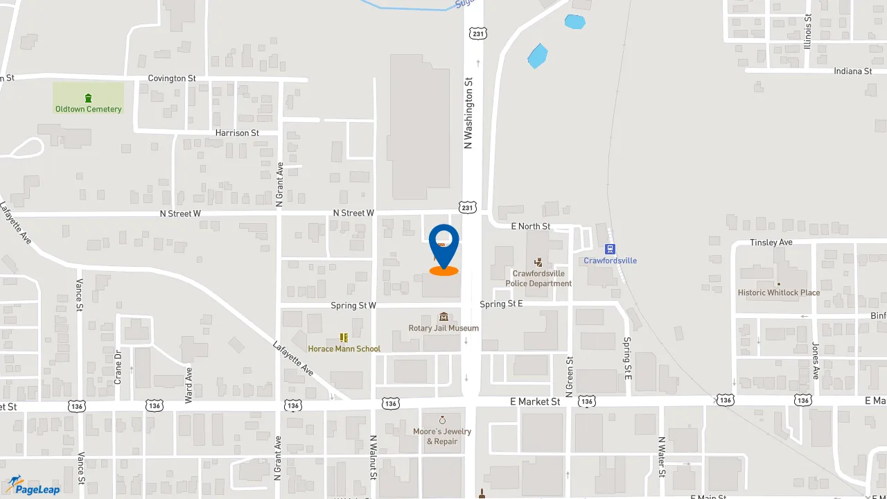 https://pageleap.com map showing location of KFC in Crawfordsville.