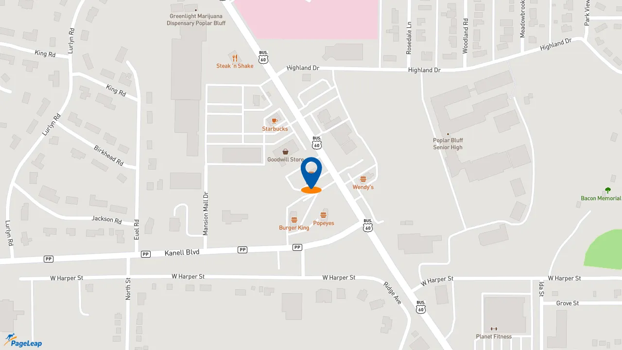 https://pageleap.com map showing location of KFC in Poplar Bluff.
