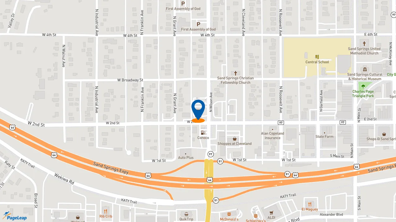 https://pageleap.com map showing location of KFC in Sand Springs.
