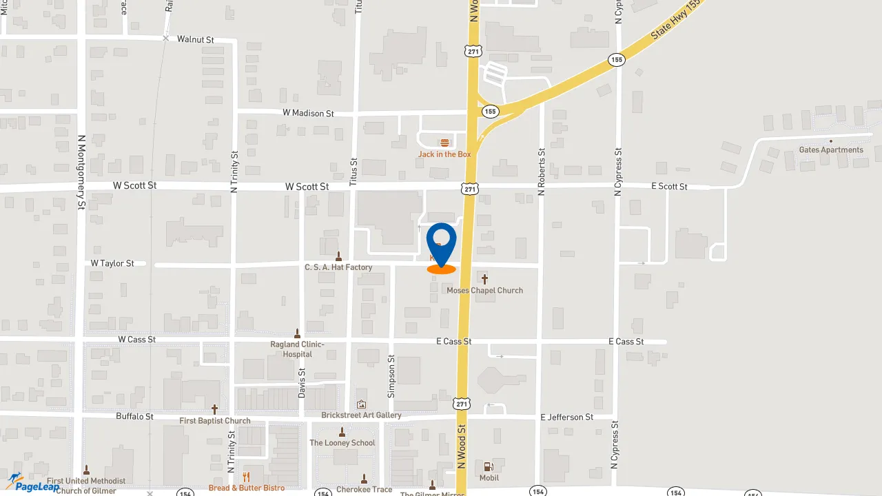 https://pageleap.com map showing location of KFC in Gilmer.