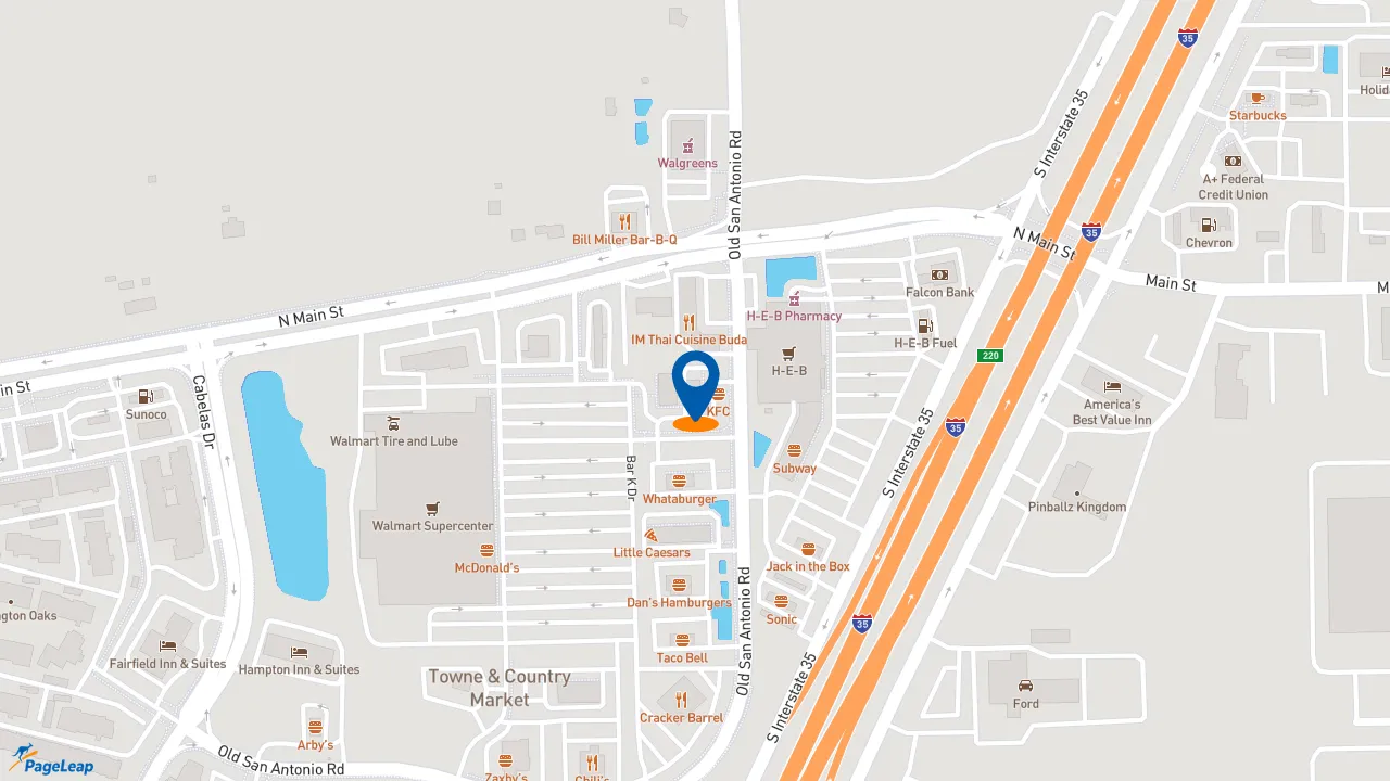https://pageleap.com map showing location of KFC in Buda.