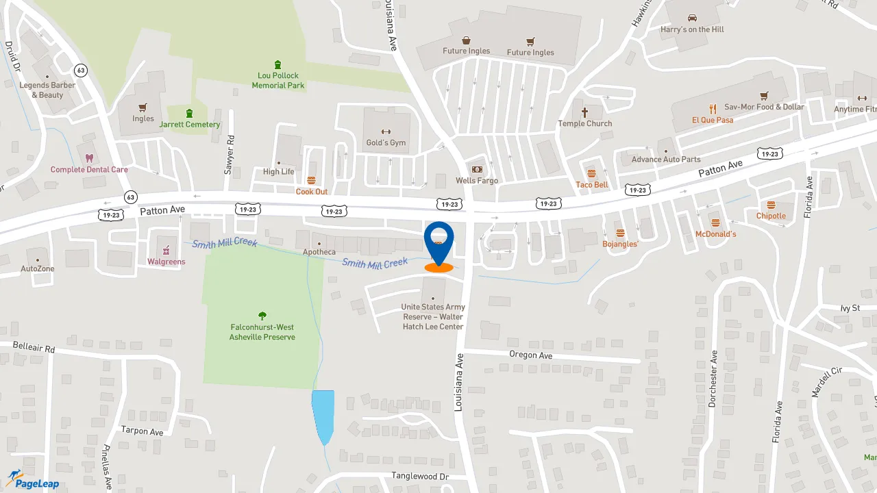 https://pageleap.com map showing location of KFC in Asheville.