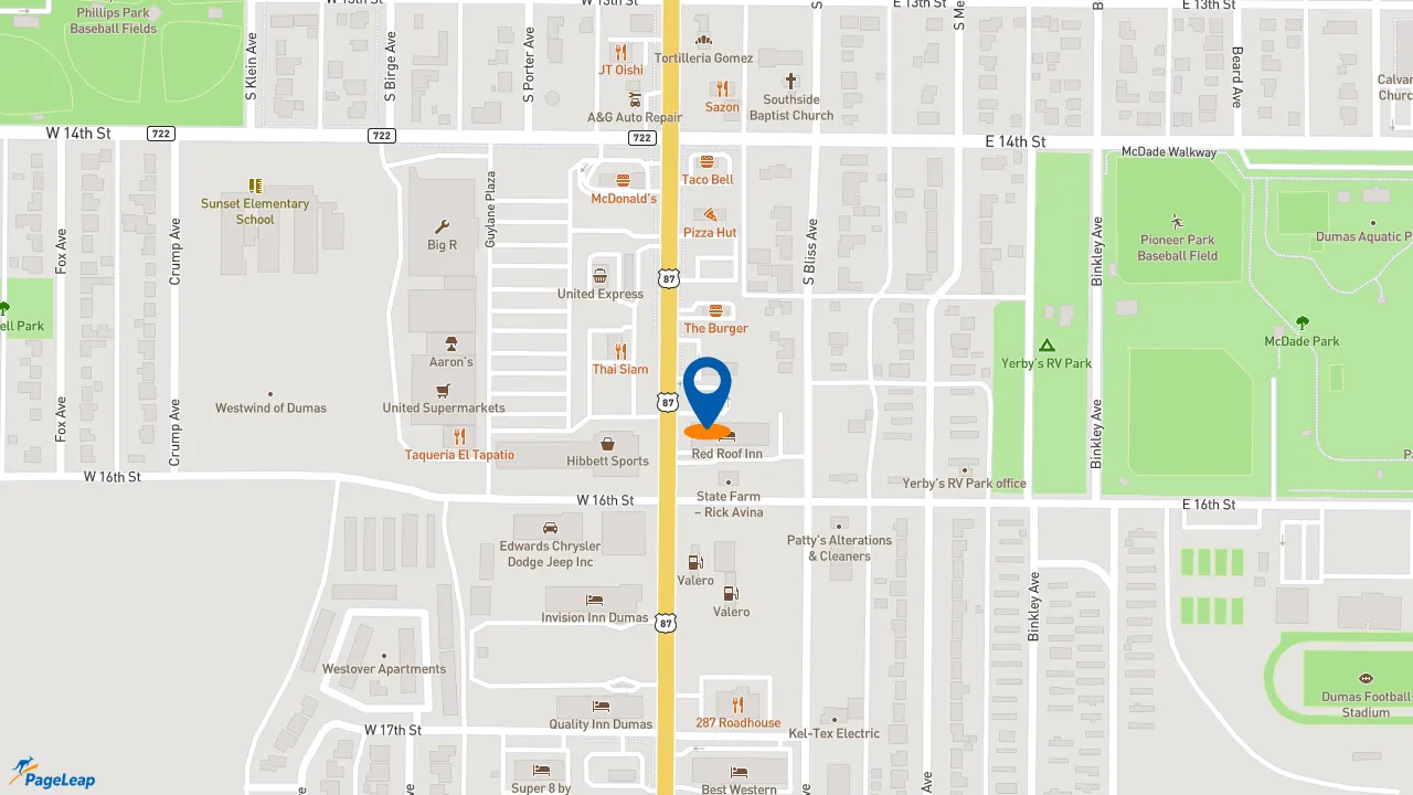 https://pageleap.com map showing location of KFC in Dumas.