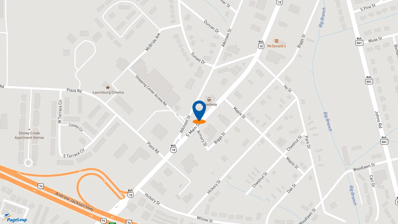 https://pageleap.com map showing location of KFC in Laurinburg.