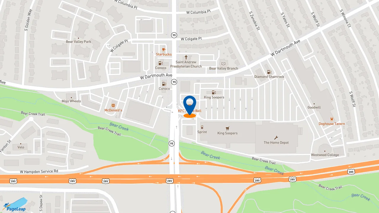 https://pageleap.com map showing location of KFC in Denver.