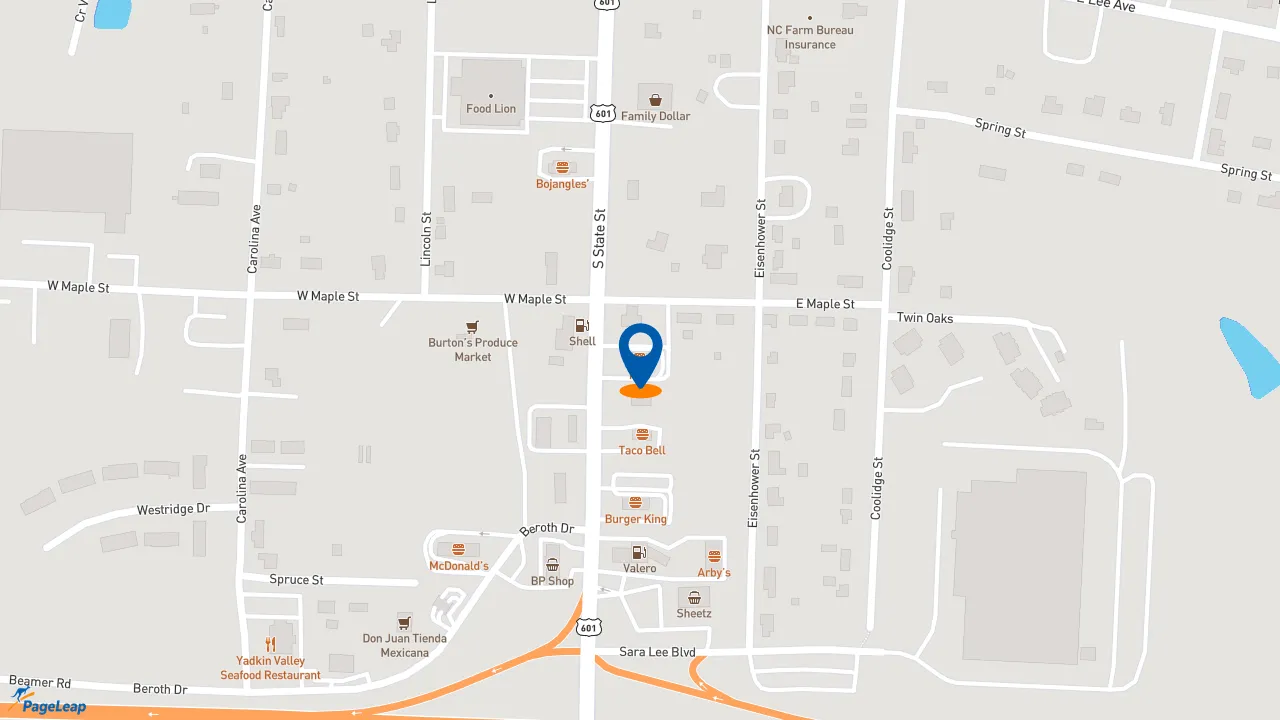 https://pageleap.com map showing location of KFC in Yadkinville.