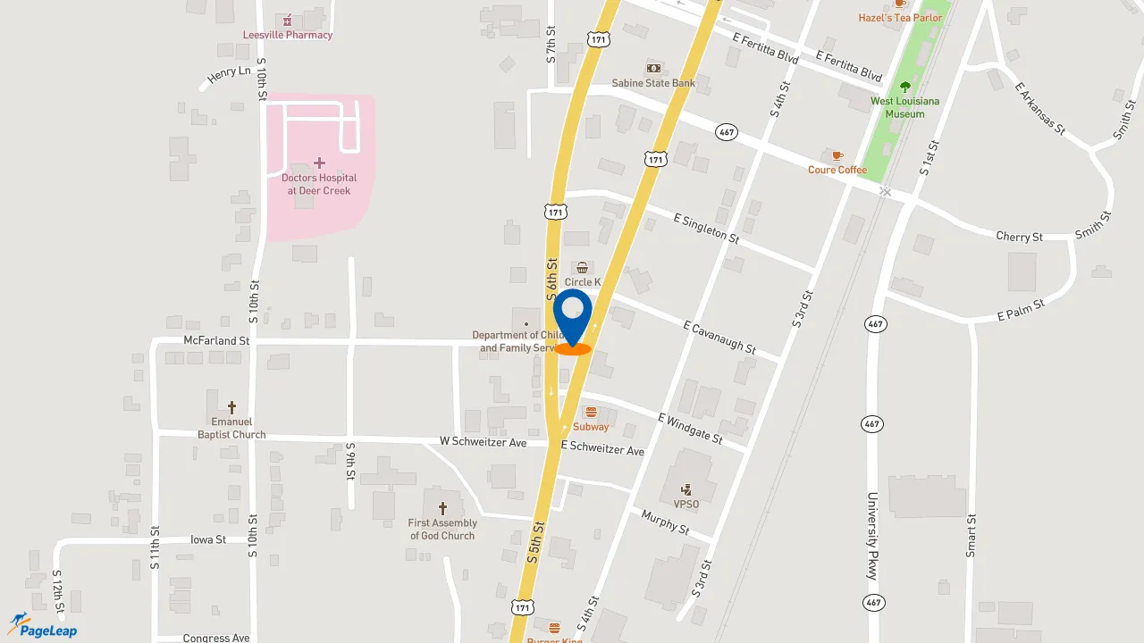 https://pageleap.com map showing location of KFC in Leesville.