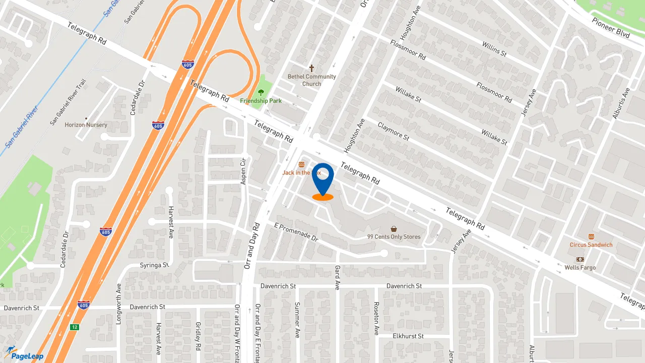 https://pageleap.com map showing location of KFC in Santa Fe Springs.