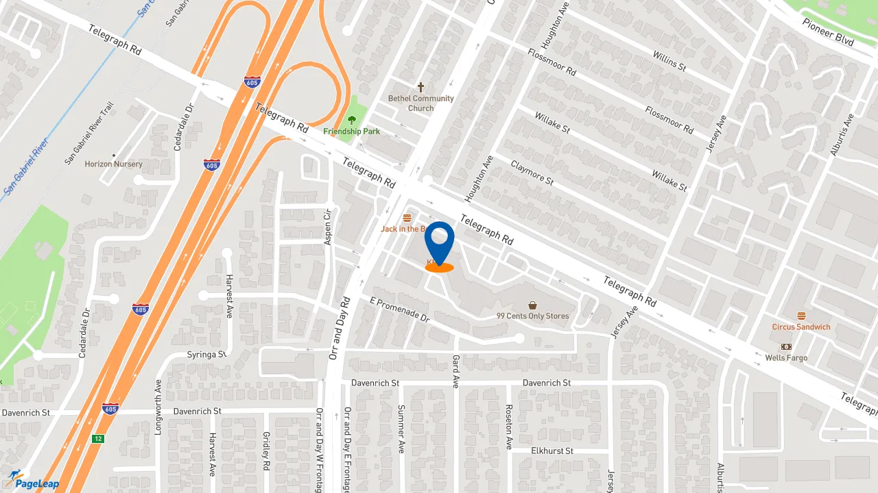 https://pageleap.com map showing location of KFC in Santa Fe Springs.