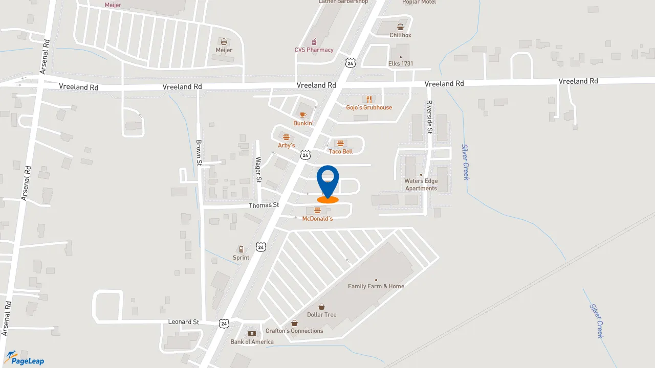 https://pageleap.com map showing location of KFC in Flat Rock.