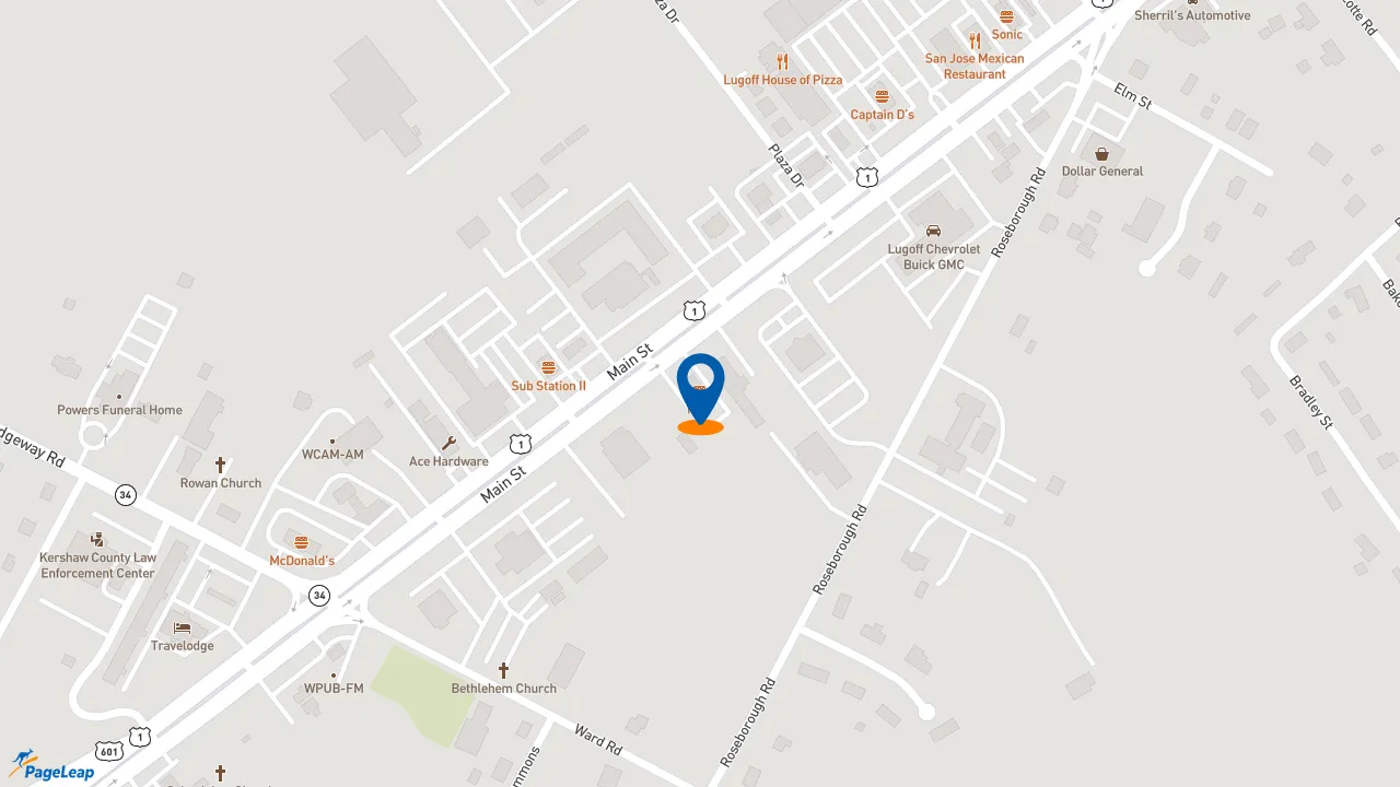 https://pageleap.com map showing location of KFC in Lugoff.