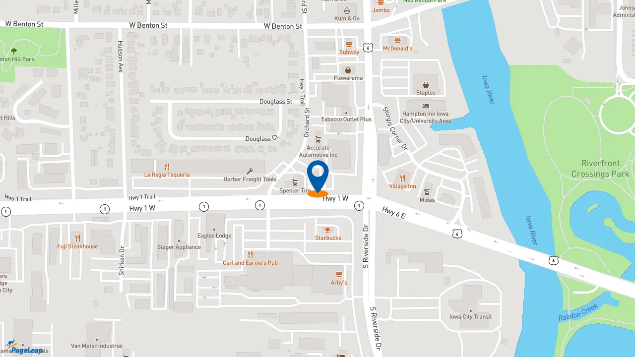https://pageleap.com map showing location of KFC in Iowa City.