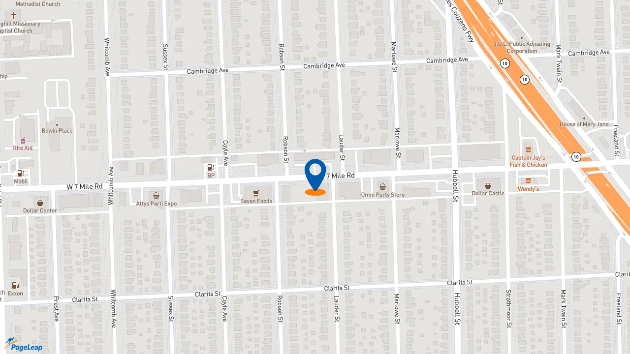 https://pageleap.com map showing location of KFC in Detroit.