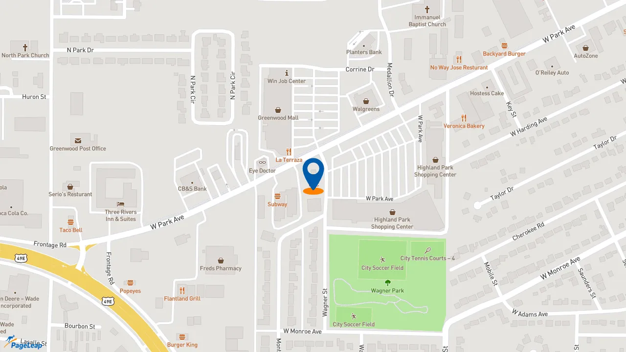 https://pageleap.com map showing location of KFC in Greenwood.