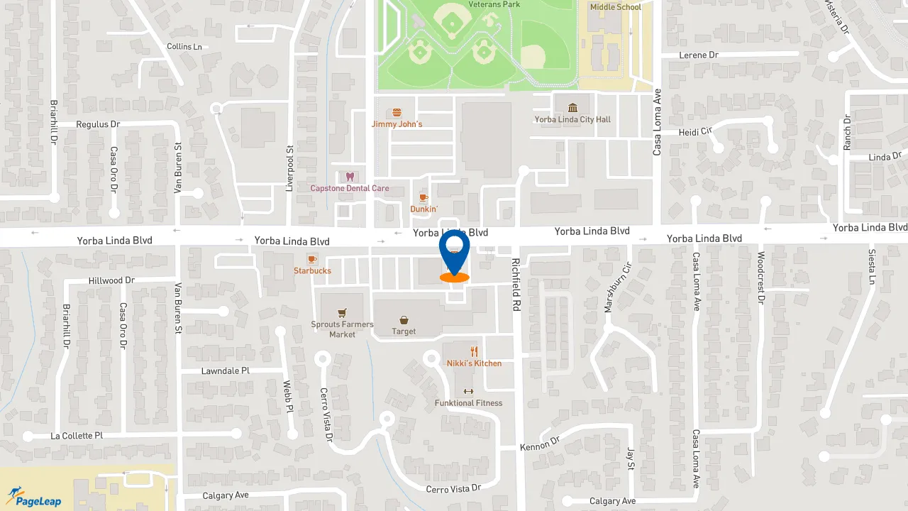 https://pageleap.com map showing location of KFC in Yorba Linda.