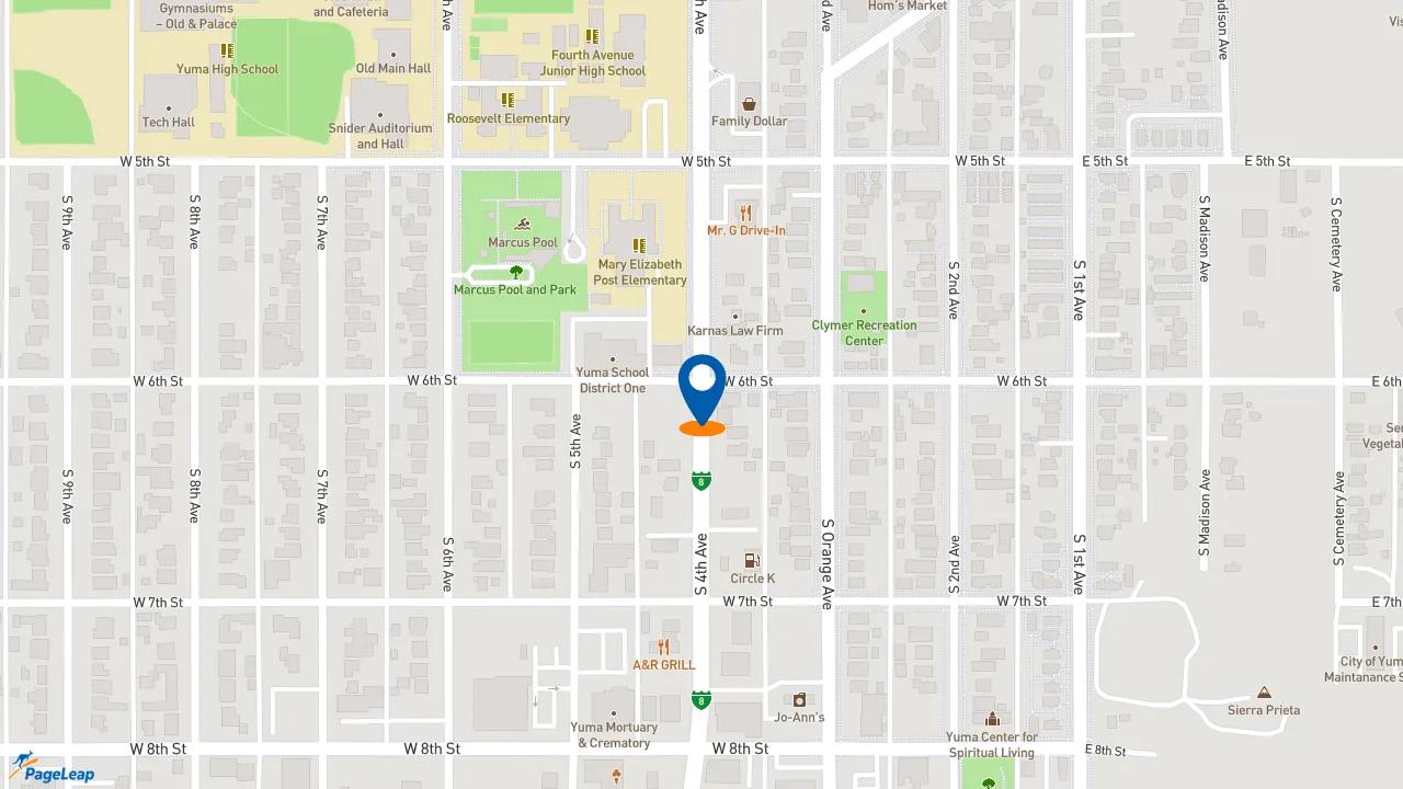 https://pageleap.com map showing location of Las Herraduras Mexican Restaurant in Yuma.