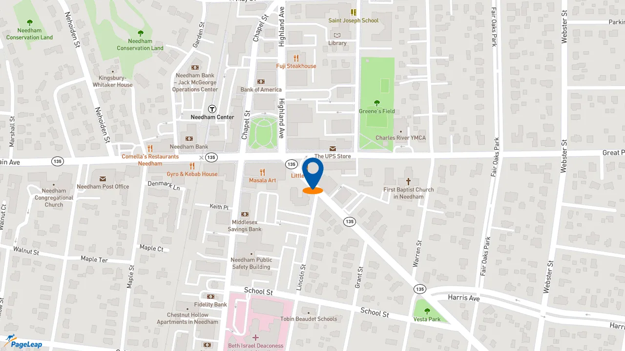 https://pageleap.com map showing location of Latina Kitchen &amp; Bar in Needham.