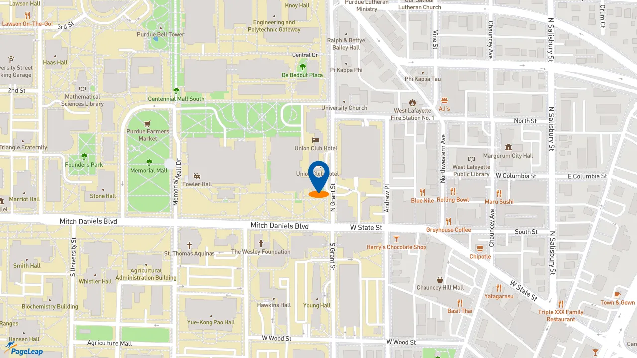 https://pageleap.com map showing location of Leaps Coffee Shop in West Lafayette.