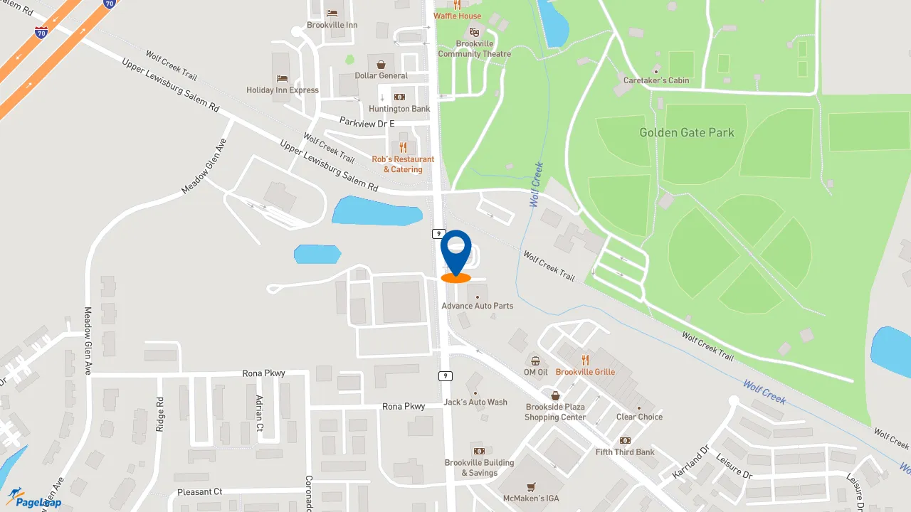 https://pageleap.com map showing location of Lee&#039;s Famous Recipe Chicken in Brookville.