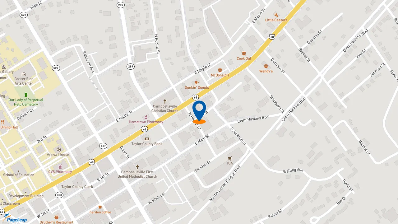 https://pageleap.com map showing location of Lee&#039;s Famous Recipe Chicken in Campbellsville.