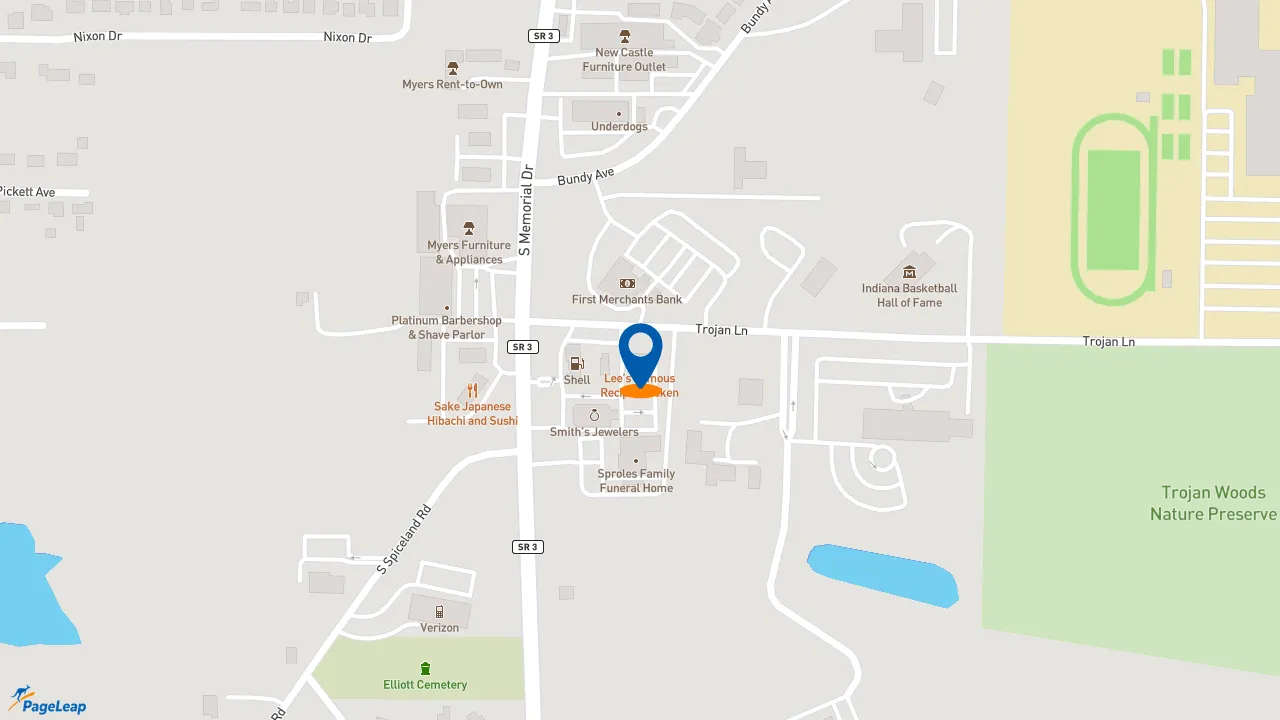 https://pageleap.com map showing location of Lee&#039;s Famous Recipe Chicken in New Castle.