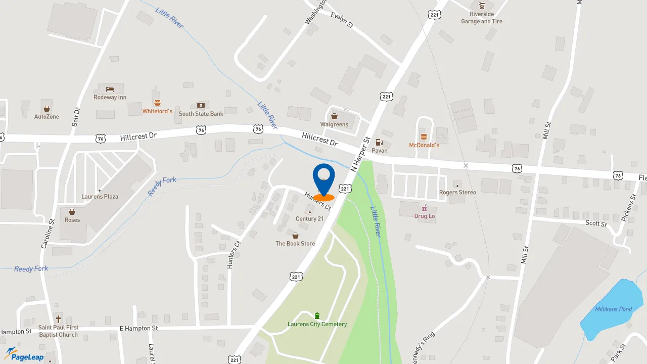 https://pageleap.com map showing location of Long John Silver&#039;s | KFC in Laurens.