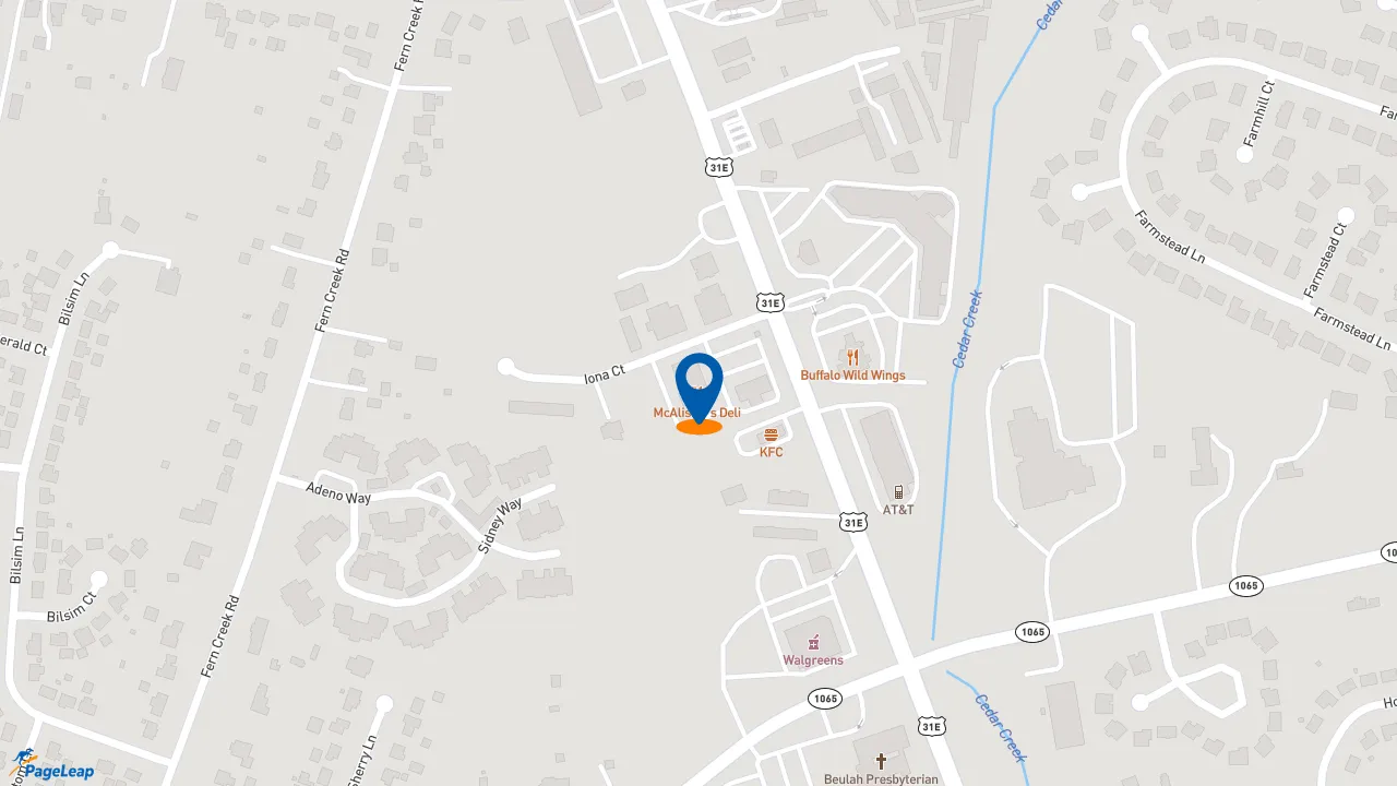 https://pageleap.com map showing location of McAlister&#039;s Deli in Louisville.
