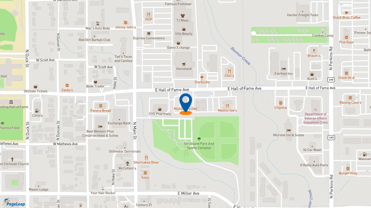 https://pageleap.com map showing location of McAlister&#039;s Deli in Stillwater.