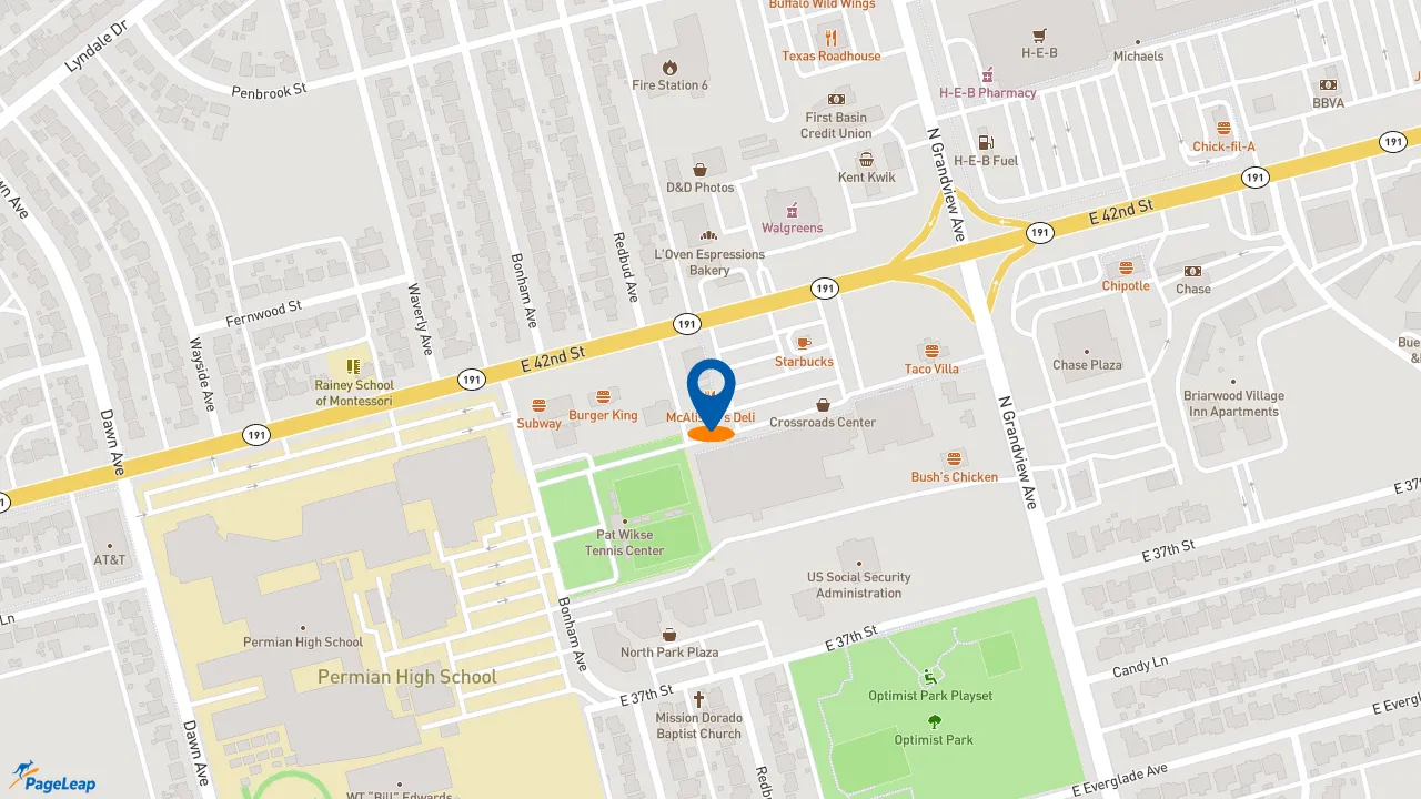 https://pageleap.com map showing location of McAlister&#039;s Deli in Odessa.