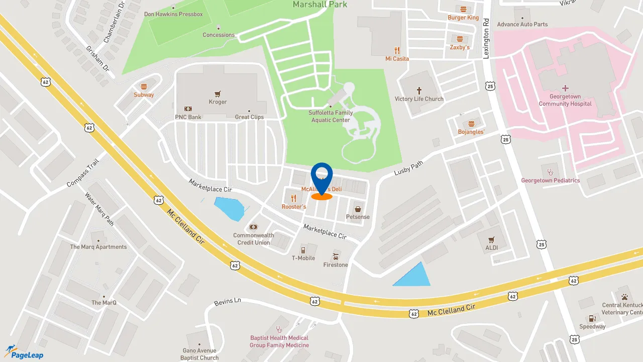 https://pageleap.com map showing location of McAlister&#039;s Deli in Georgetown.