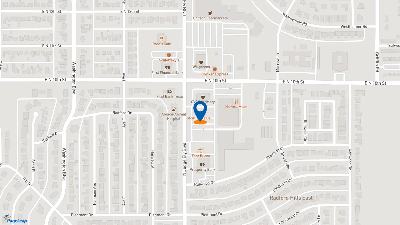 https://pageleap.com map showing location of McAlister&#039;s Deli in Abilene.