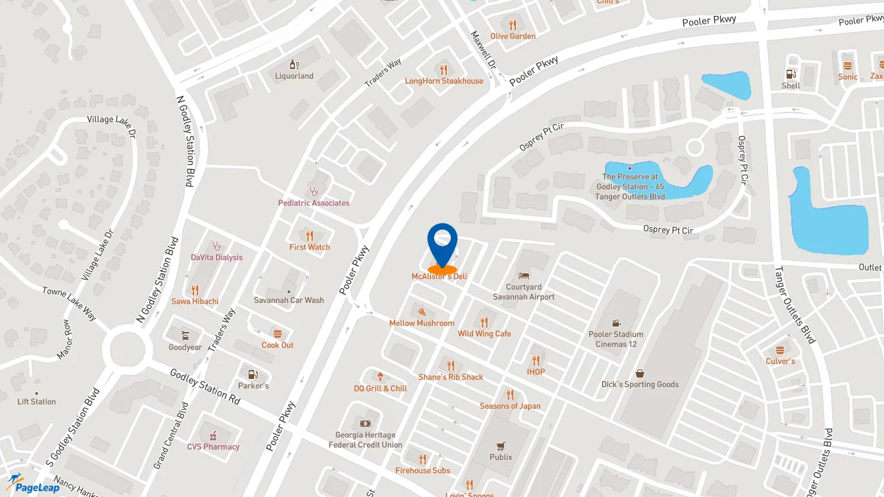 https://pageleap.com map showing location of McAlister&#039;s Deli in Pooler.