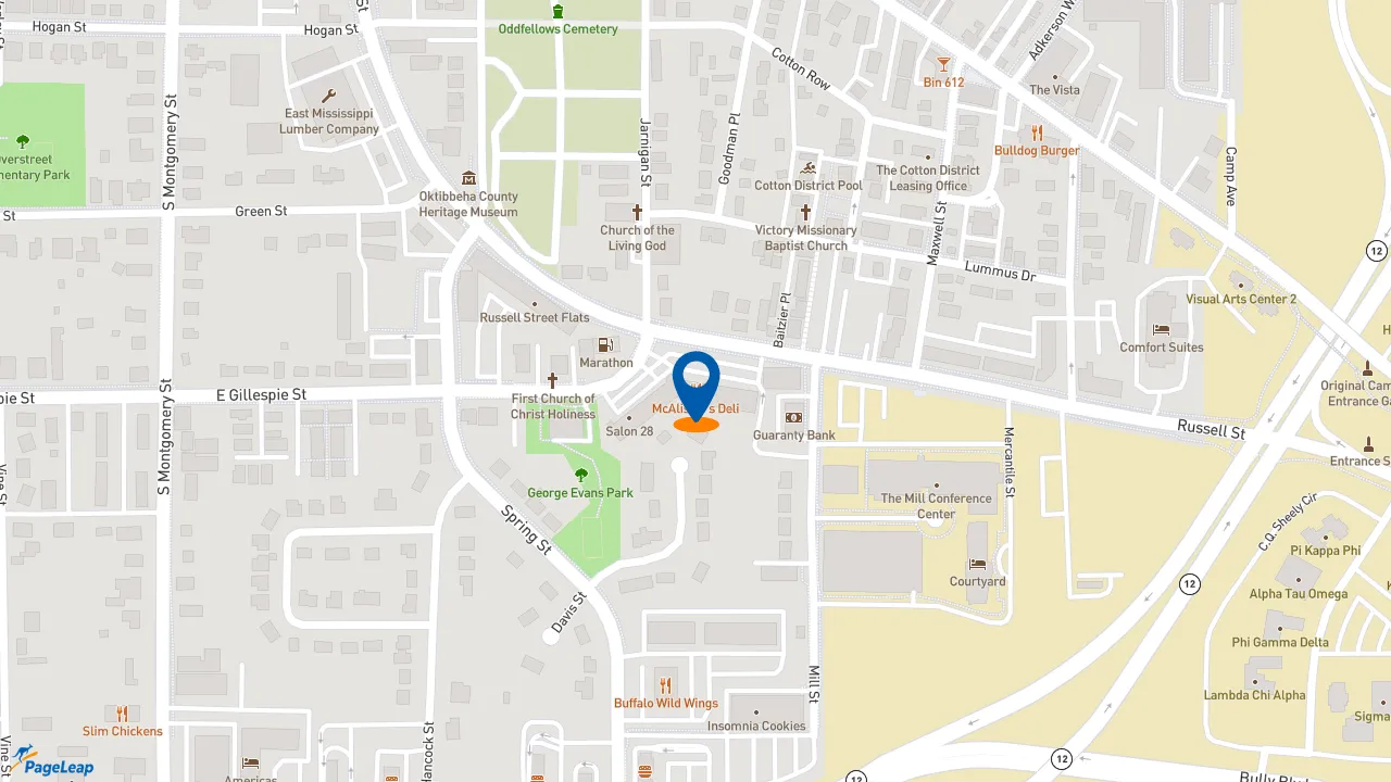 https://pageleap.com map showing location of McAlister&#039;s Deli in Starkville.
