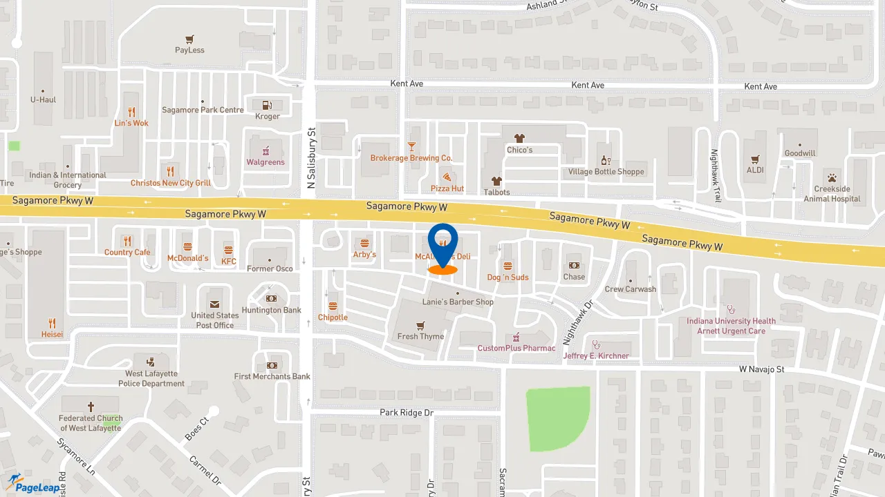 https://pageleap.com map showing location of McAlister&#039;s Deli in West Lafayette.