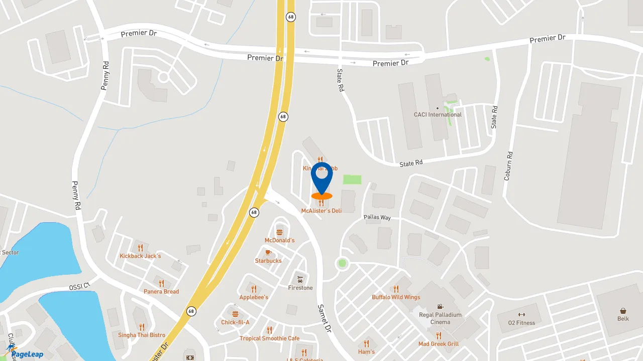 https://pageleap.com map showing location of McAlister&#039;s Deli in High Point.