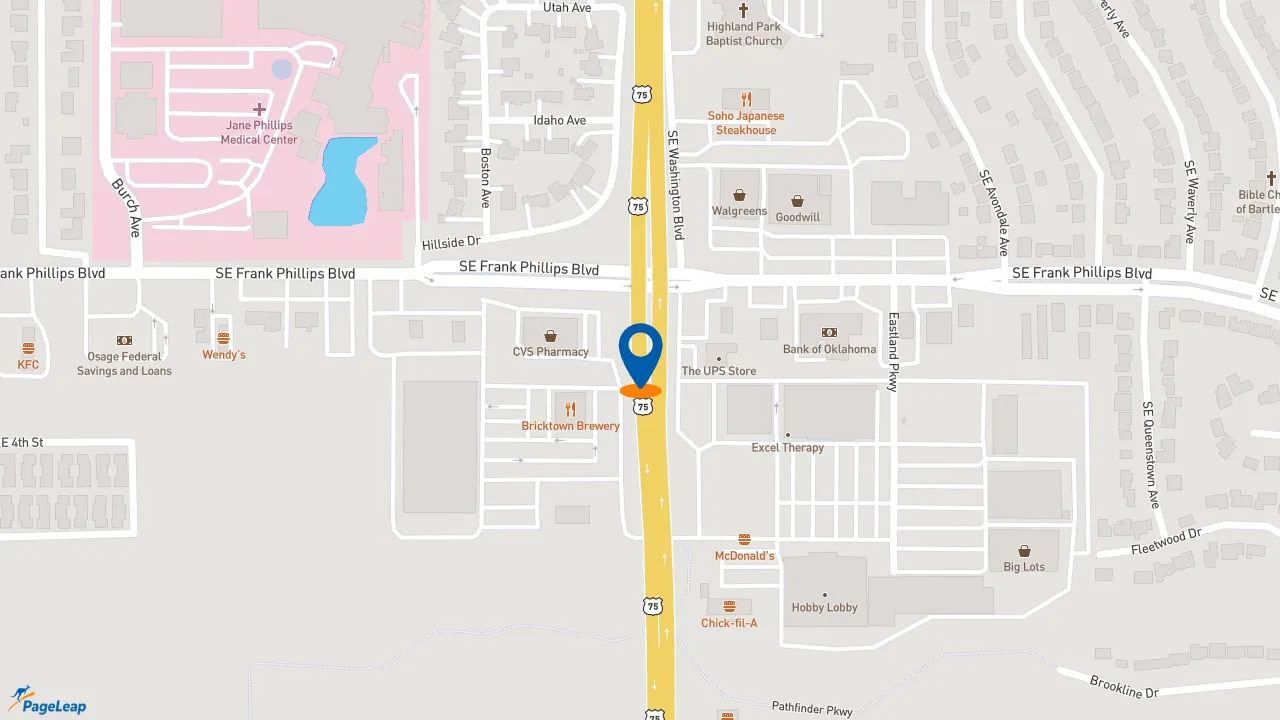 https://pageleap.com map showing location of McAlister&#039;s Deli in Bartlesville.