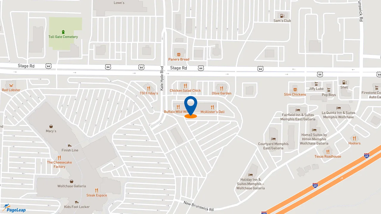 https://pageleap.com map showing location of McAlister&#039;s Deli in Memphis.