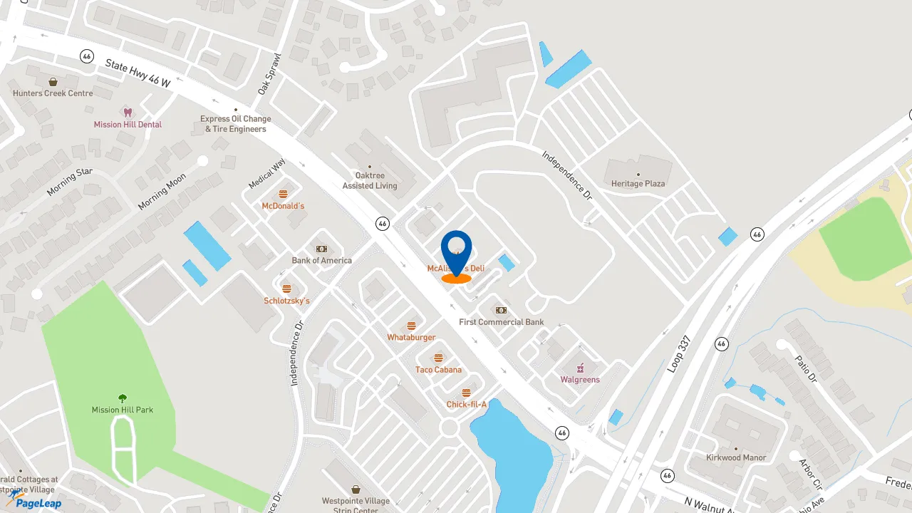https://pageleap.com map showing location of McAlister&#039;s Deli in New Braunfels.