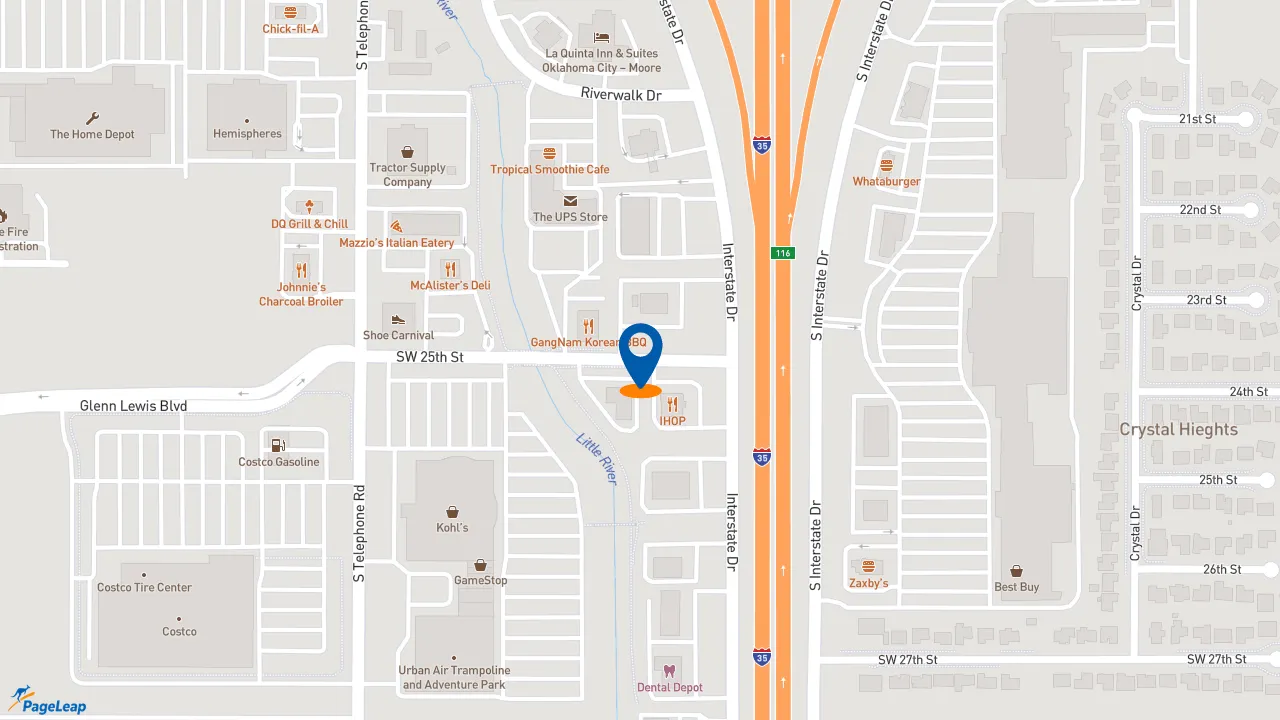 PageLeap.com map showing location of McAlister's Deli in Moore.